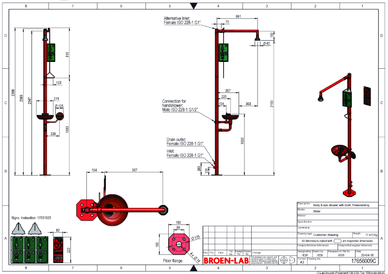 Combination Safety Shower with Body Shower and Eyewash Bowl