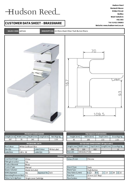 Hudson Reed Taps Technical Data Sheet