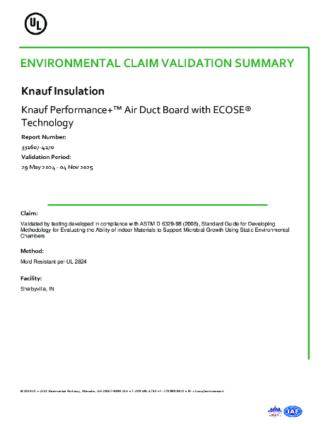 UL ECV - Mold Resistance - Performance+® Air Duct Board