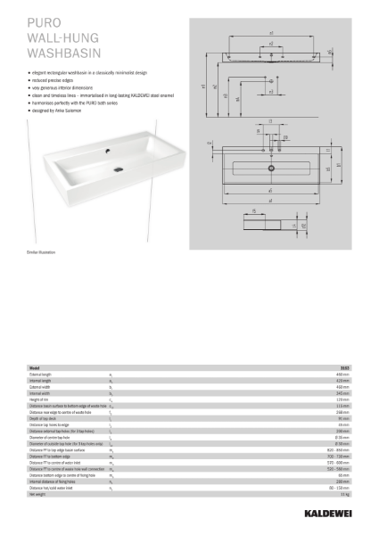 PURO Wall-hung Washbasin Datasheet