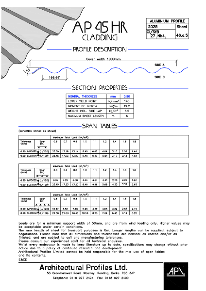 AP45HR - Aluminium - Cladding Data Sheet