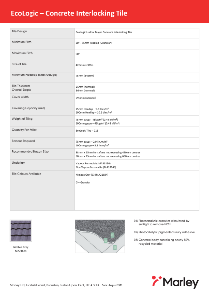 Ecologic Ludlow Major Data Sheet