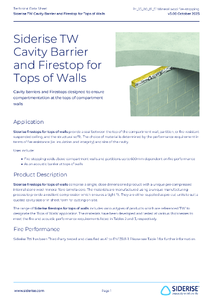 Siderise TW Cavity Barrier
and Firestop for
Tops of Walls – Technical Data v3.00