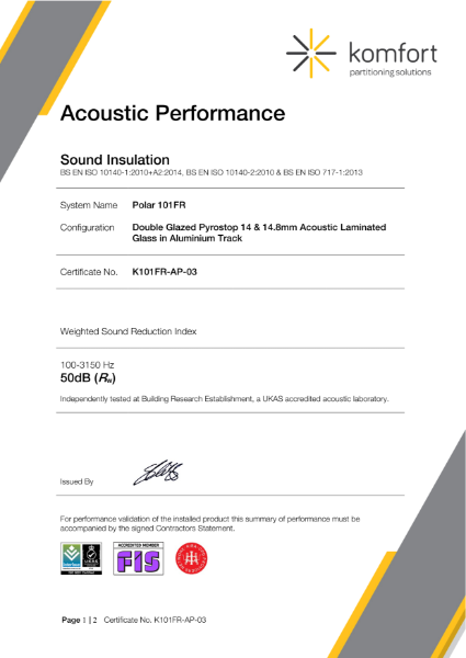 K101FR-AP-03 | Acoustic Performance | Polar 101FR | Pyrostop 14 & 14.8mm Acoustic Laminated | 50dB (Rw)