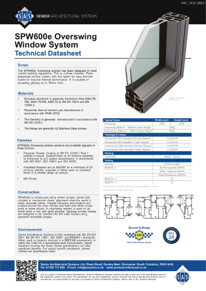 SAS SPW600e Overswing Window Technical Datasheet