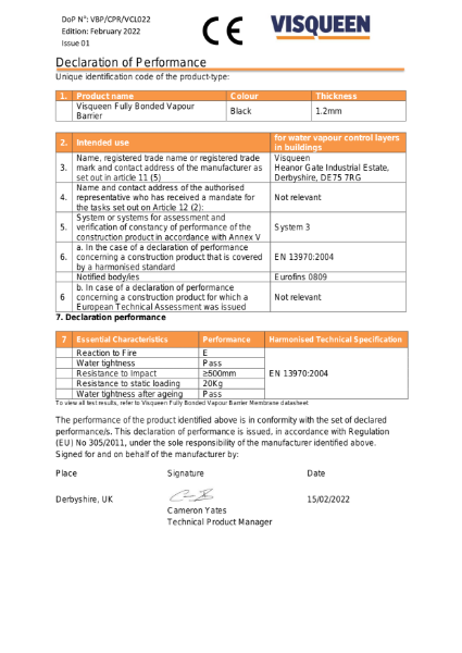 VCL CE Visqueen Fully Bonded Vapour Barrier Declaration of Performance