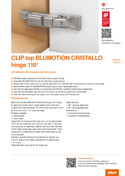 CLIP top BLUMOTION CRISTALLO 110 Degree Hinge Specification Text