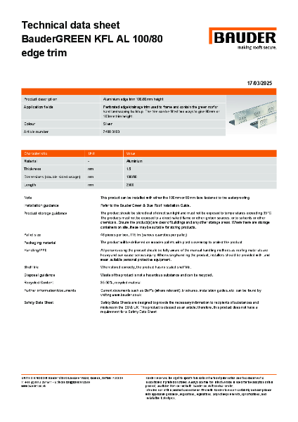 BauderGREEN KFL AL 100 80 - Technical Data Sheet