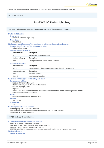 Safety Data Sheet - Pro-BW® LO Resin - Light Grey