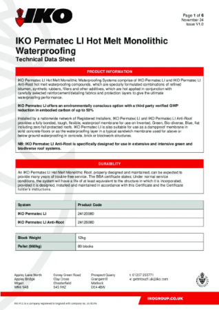 IKO Permatec LI Hot Melt Monolithic Waterproofing Technical Data Sheet