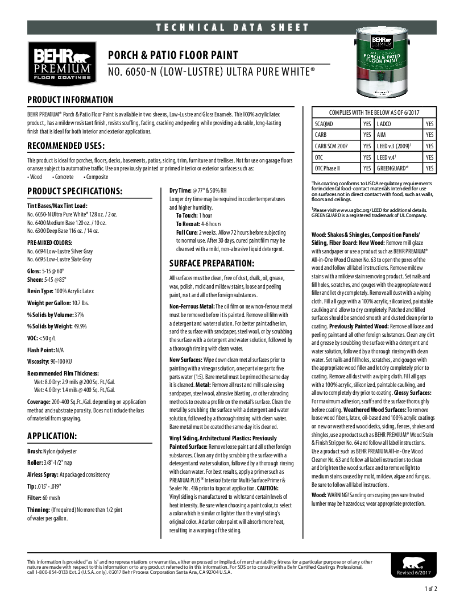 BEHR PREMIUM® Porch & Patio Floor Paint - Low-Lustre Enamel No. 6050 - Technical Data Sheet