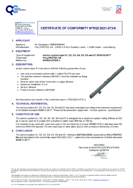 SafeAccess C BS 8610:2017 Certificate of Conformity