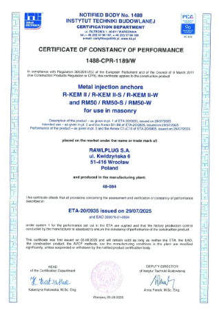 Certificate of constancy of performance