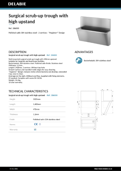 Surgical Scrub-Up Trough, High Upstand Product Data Sheet  - 186000