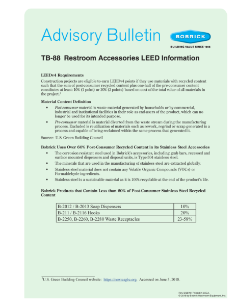 TB-88 Restroom Accessories LEED Information