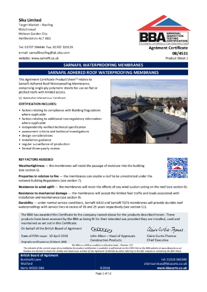 Sarnafil BBA Adhered Roof Systems - 08/4531 (G/TG)