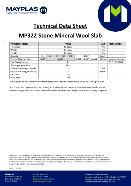 Mayplas MP322 Stone Mineral Wool Slab - TDS issue 2 02 2025