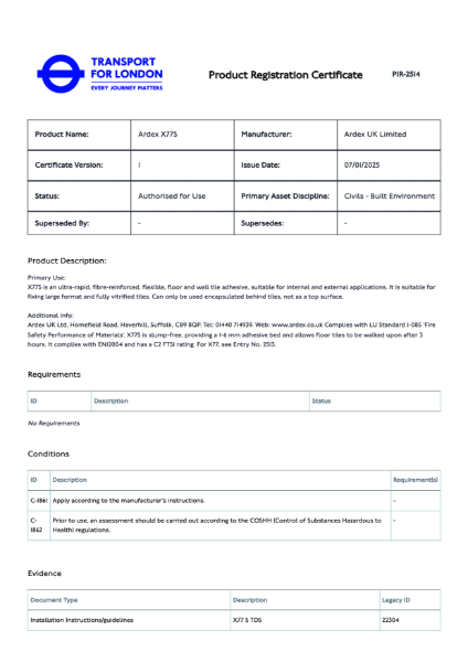 Transport For London Product Registration Certificate - ARDEX X 77 S