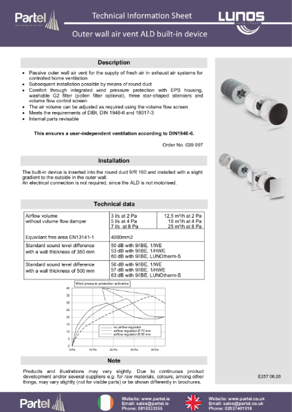 LUNOS ALD-R 160 Technical Data Sheet