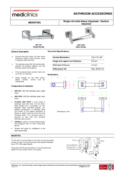 Toilet Tissue Paper Roll Dispenser Spec Sheet - Mediclinics Stainless Steel Toilet Paper Roll Holder AI0113C_CS