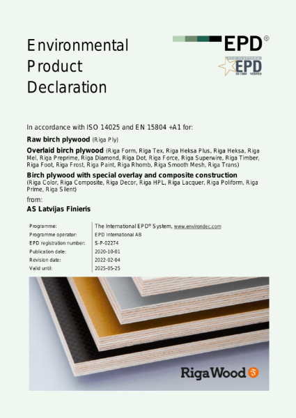 Environmental Product Declaration (EPD) Riga Wood birch plywood