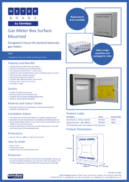 Timloc Building Products Gas Meter Box - Surface Mounted Datasheet