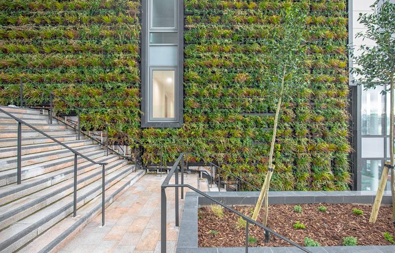 Liverpool waterfront apartments combine hard landscape with a softer, natural living wall option