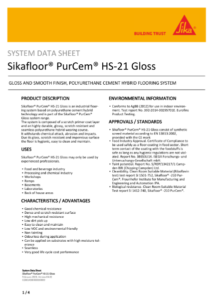 System Data Sheet - Sikafloor Purcem HS-21 Gloss