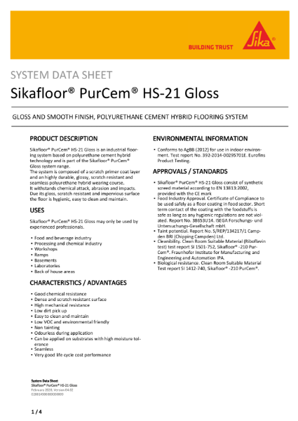 System Data Sheet - Sikafloor PurCem HS-21 Gloss