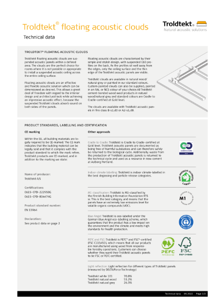 Troldtekt floating acoustic clouds data sheet