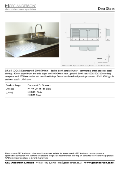 GEC Anderson Data Sheet - DR217 (DG65)L Double Bowl With Drainer