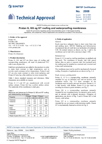 SINTEF Technical Approval 2008 for Protan G, GG and GT Membranes