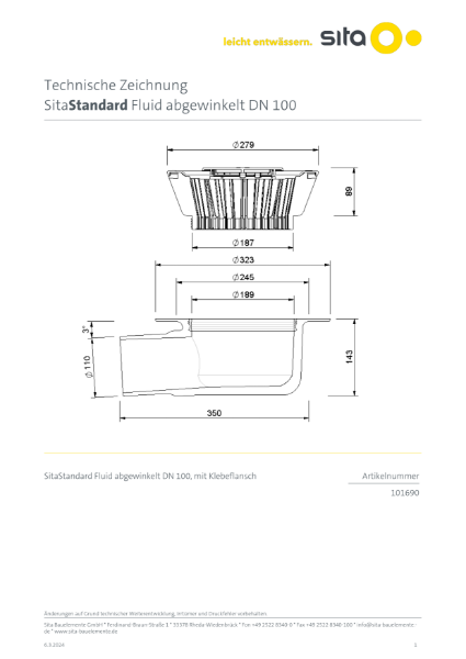 DN100 SitaStandard Fluid Angled Roof Outlet - Technical Drawing