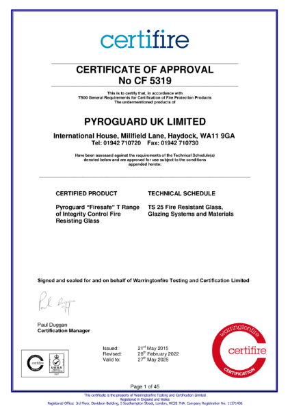 Certifire Certificate of Approval CF 5319 - Pyroguard "Firesafe" T Range