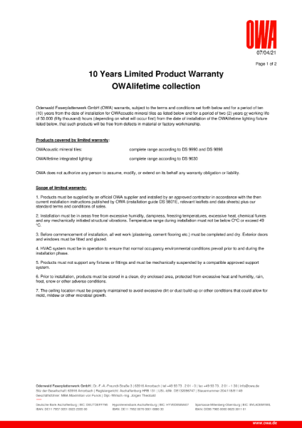 OWAlifetime 10 year limited product warranty
