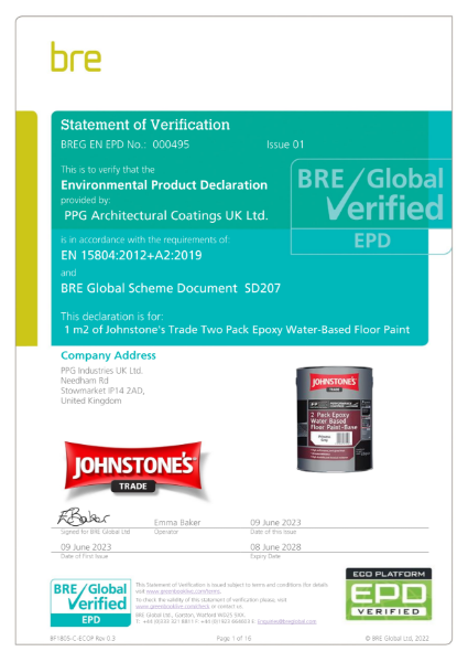 Environmental Product Declaration (EPD) BREG EN EPD No: 000495 Johnstone's Trade Two Pack Epoxy Water Based Floor Paint