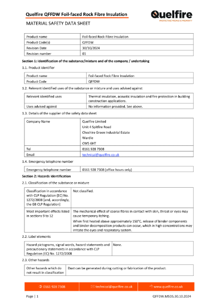 Material Safety Data Sheet (COSHH) - QFFDW Foil-faced Rock Fibre Ductwrap