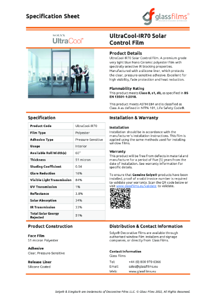 UltraCool-IR70 Solar Control Film Specification Sheet