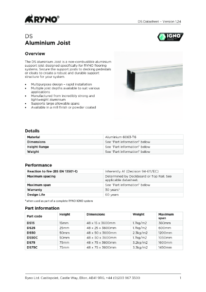 DS Aluminium Decking joist - Datasheet