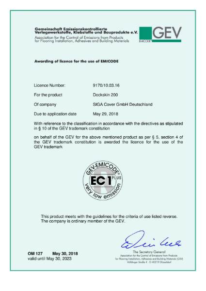 EMICODE certificate SIGA Dockskin 200