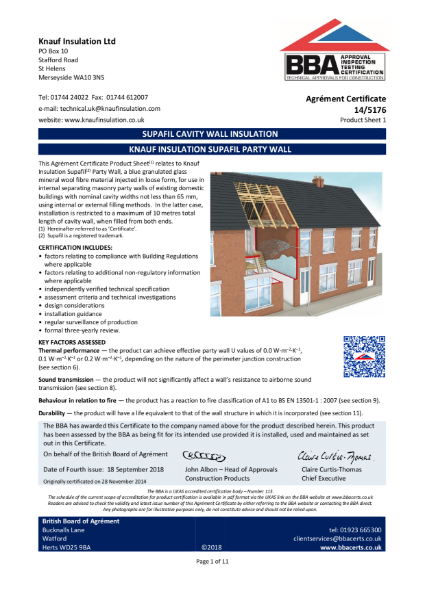 Knauf Insulation Supafil® Party Wall - BBA Certificate 14/5176