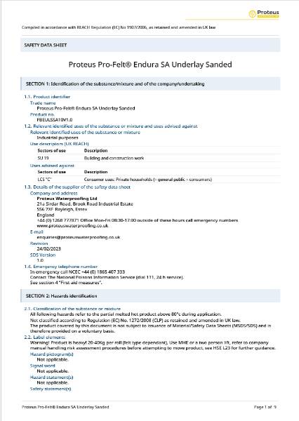 Safety Data Sheet - Proteus Pro-Felt® Endura SA Underlay