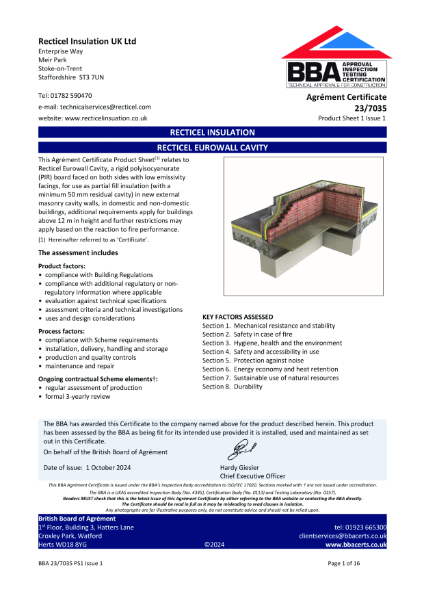 BBA Certificate 02/3908 Eurowall Cavity