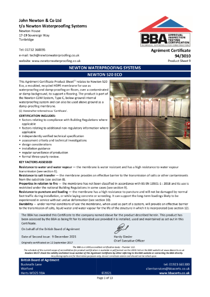 Newton 520 eco - Agrement Certificate 95/3010 Product Sheet 9