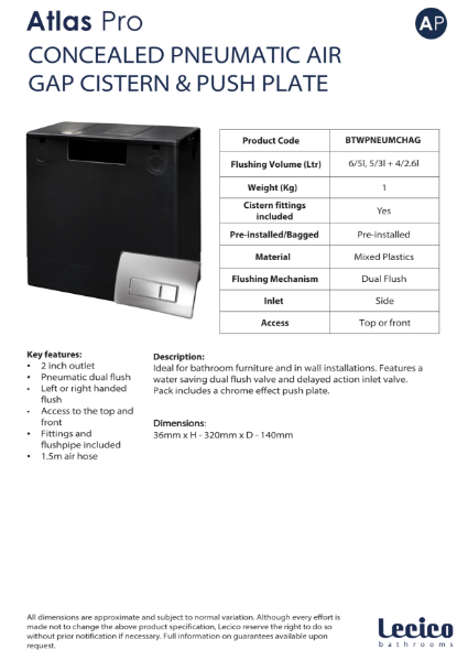 Atlas Pro Concealed Pneumatic Air Gap Cistern & Push Plate Data Sheet