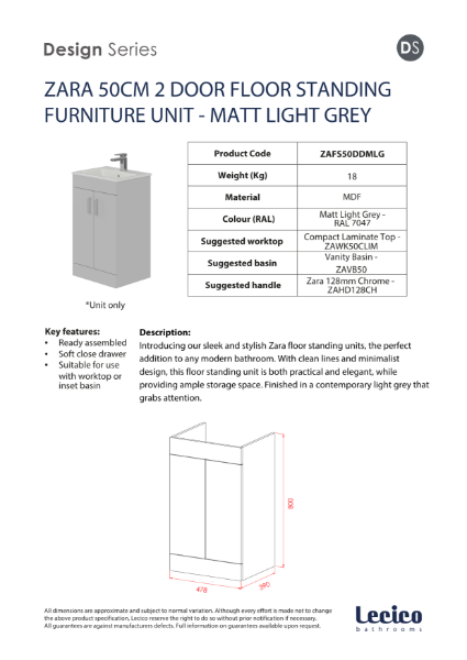 Zara 50 cm 2 Door Floor Standing Unit - Matt Light Grey