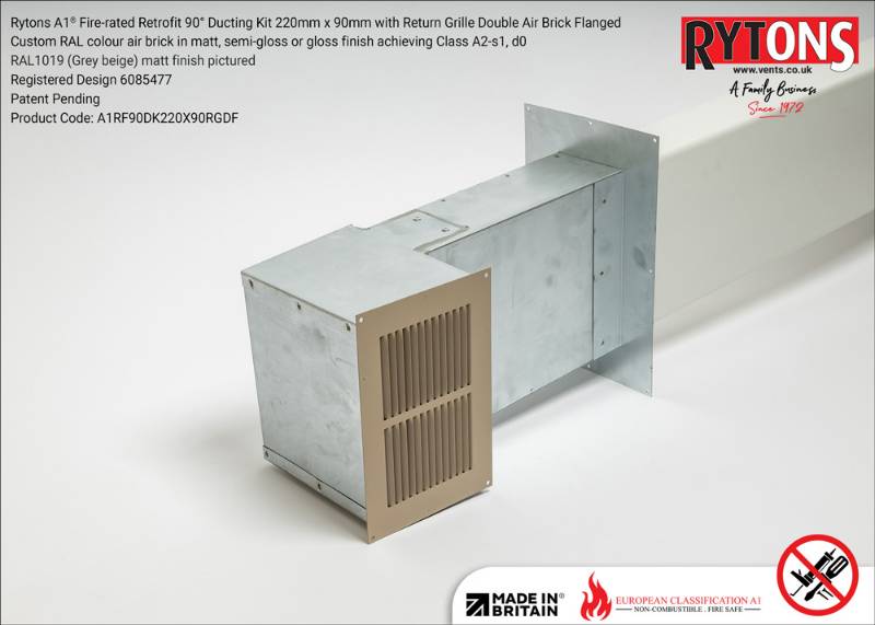 Rytons A1 Fire-rated Retrofit 90° Ducting Kit 220mm x 90mm with Double Air Brick
