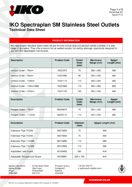 Technical Data Sheet (TDS) - IKO Spectraplan Stainless Steel Outlets