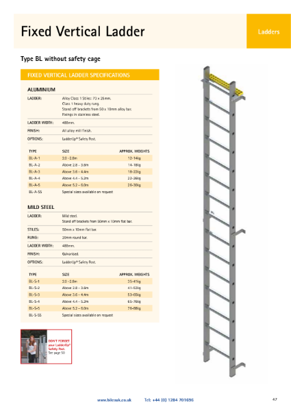 TYPE BL Fixed Vertical Ladder - No Safety Cage