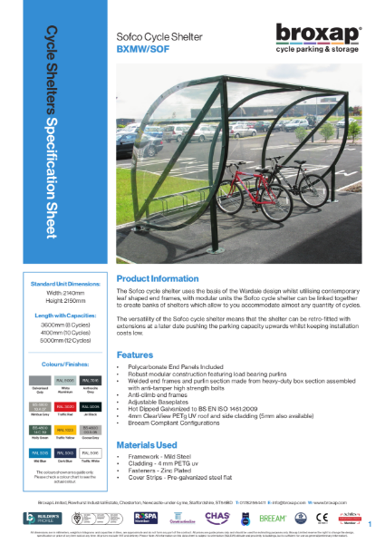 Sofco Cycle Shelter Specification Sheet